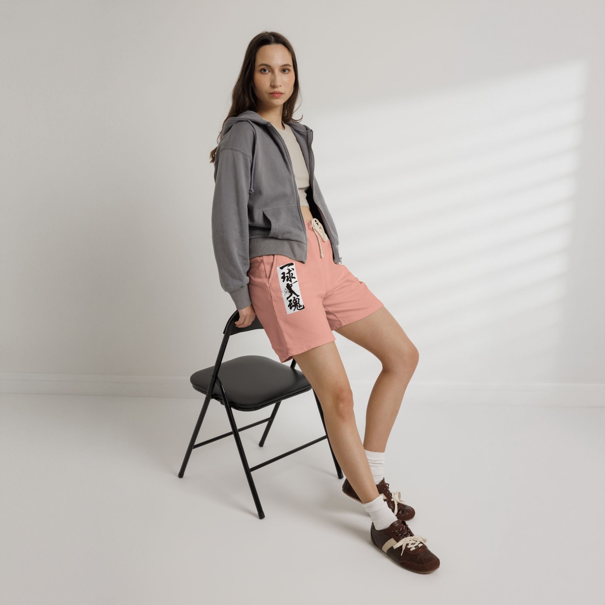 Japanese Calligraphy Fleece Sweat Shorts — '武魂' Graphic Drawstring Lounge Shorts
