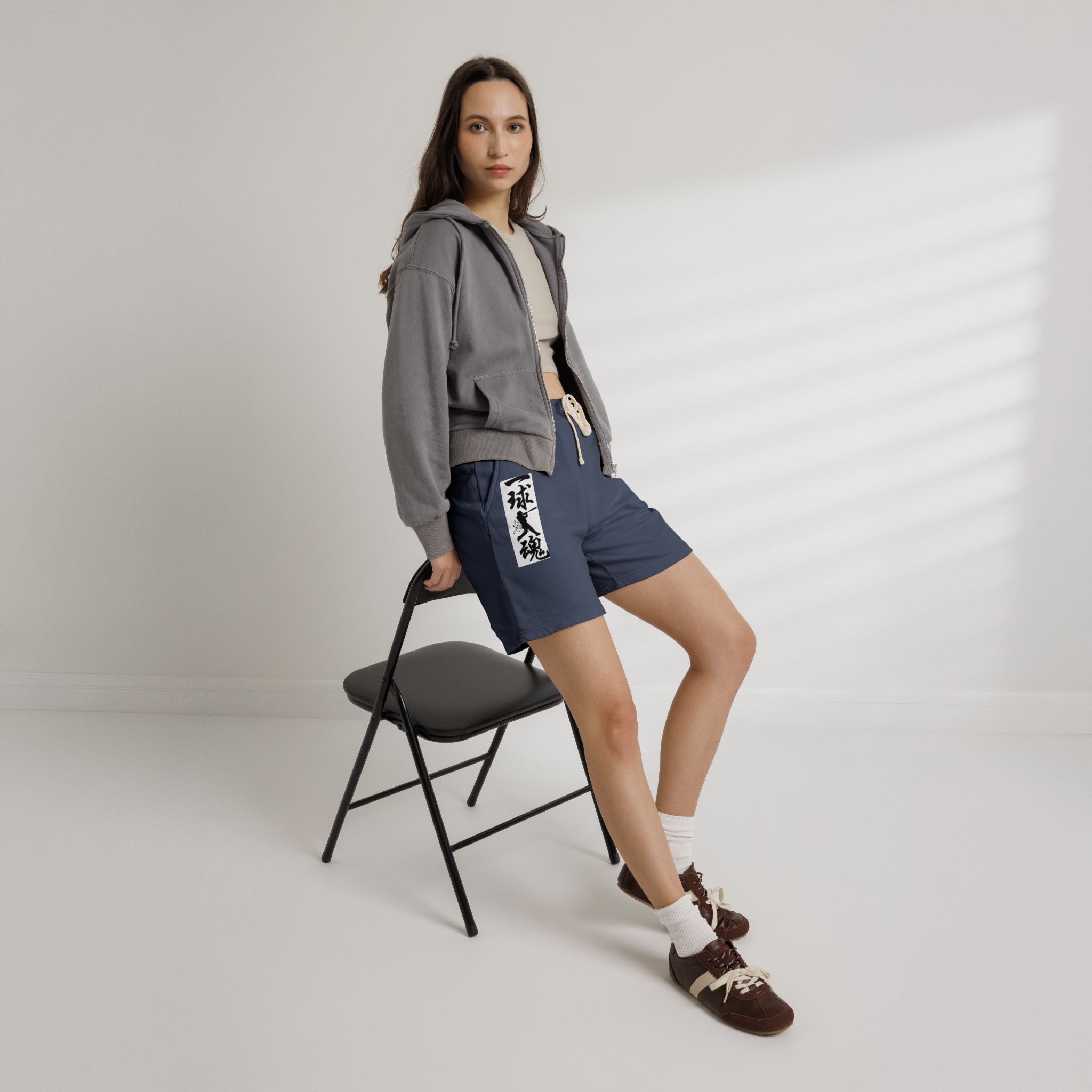 Japanese Calligraphy Fleece Sweat Shorts — '武魂' Graphic Drawstring Lounge Shorts