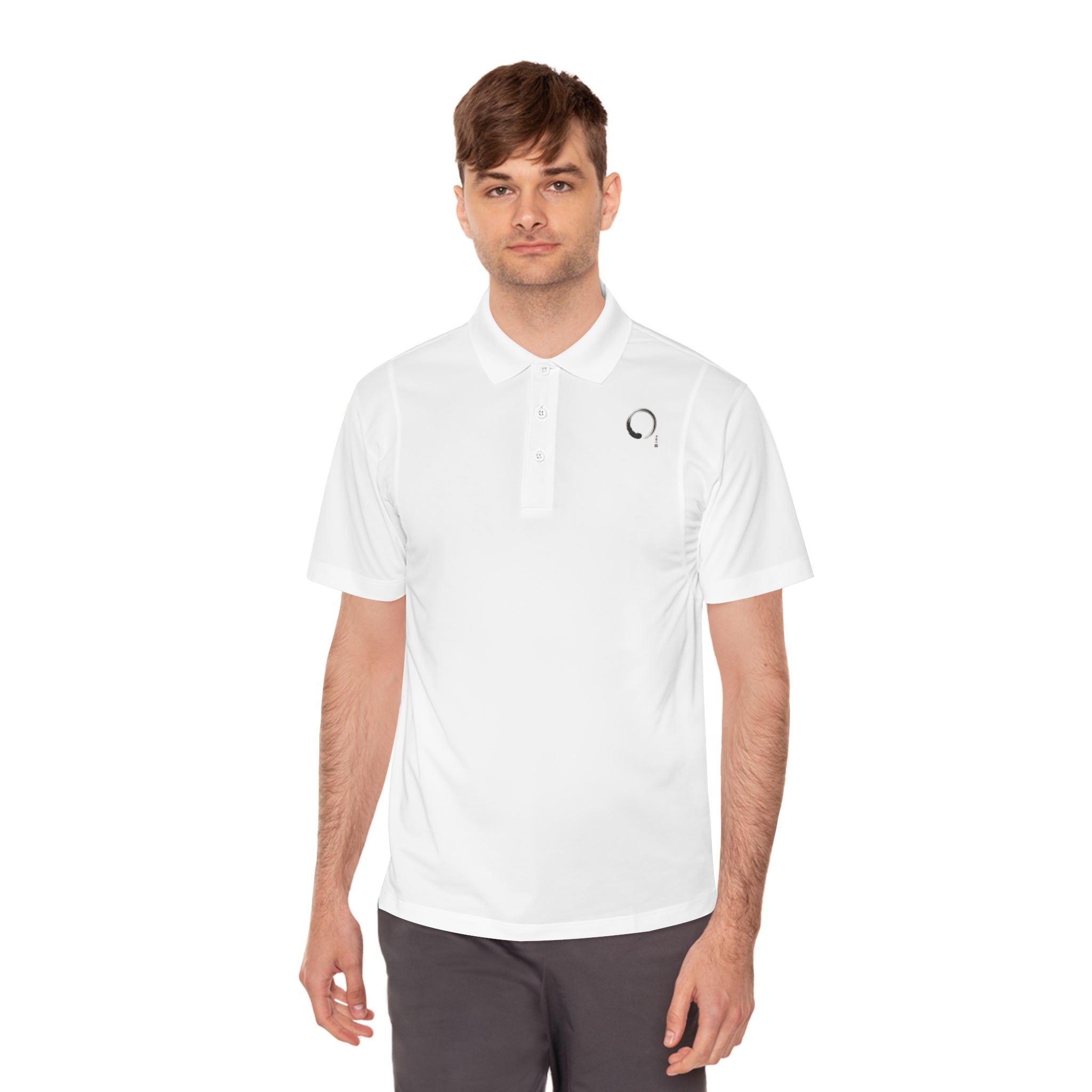 Men's White Sport Polo with Minimal Circular Logo — Athletic Casual Golf Shirt
