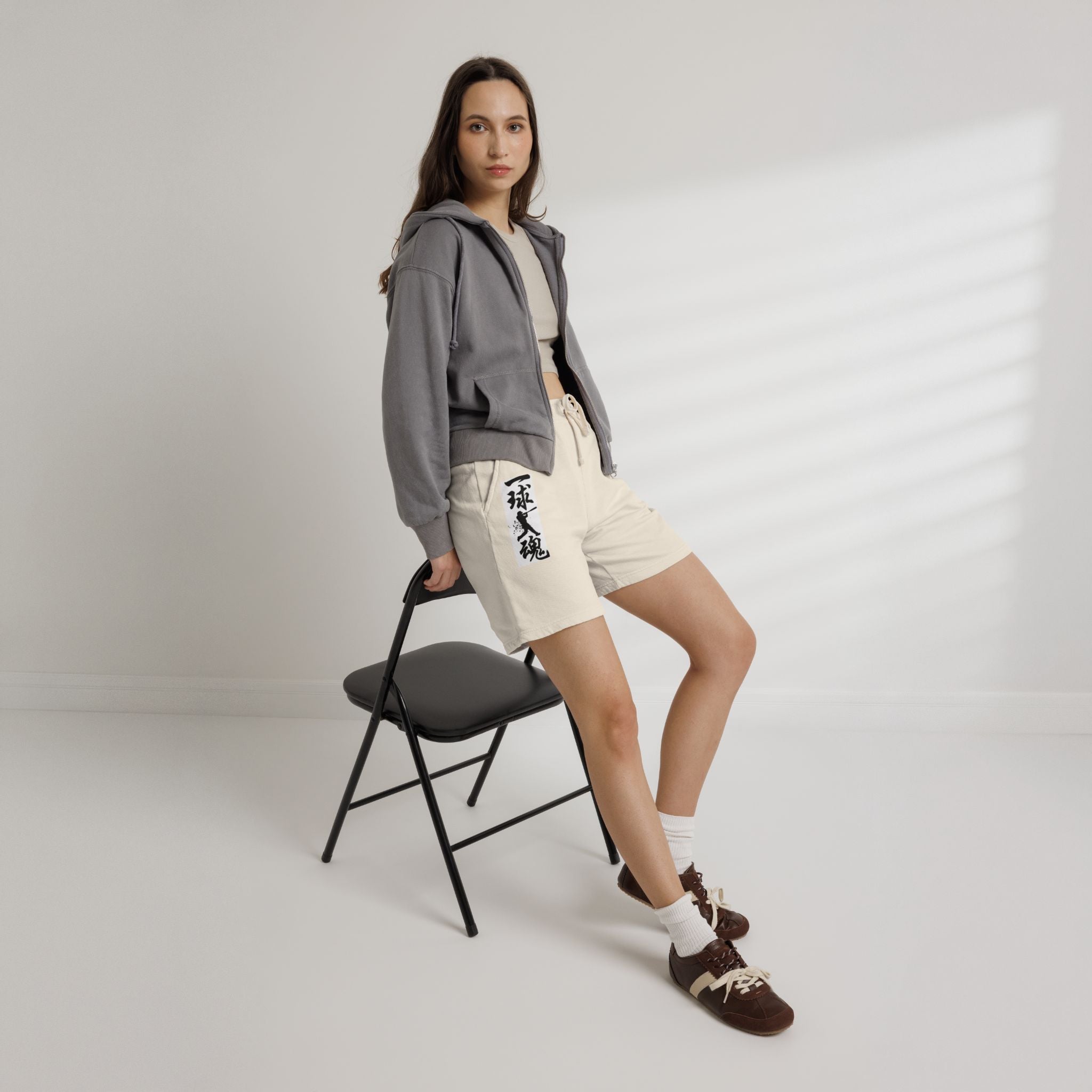 Japanese Calligraphy Fleece Sweat Shorts — '武魂' Graphic Drawstring Lounge Shorts