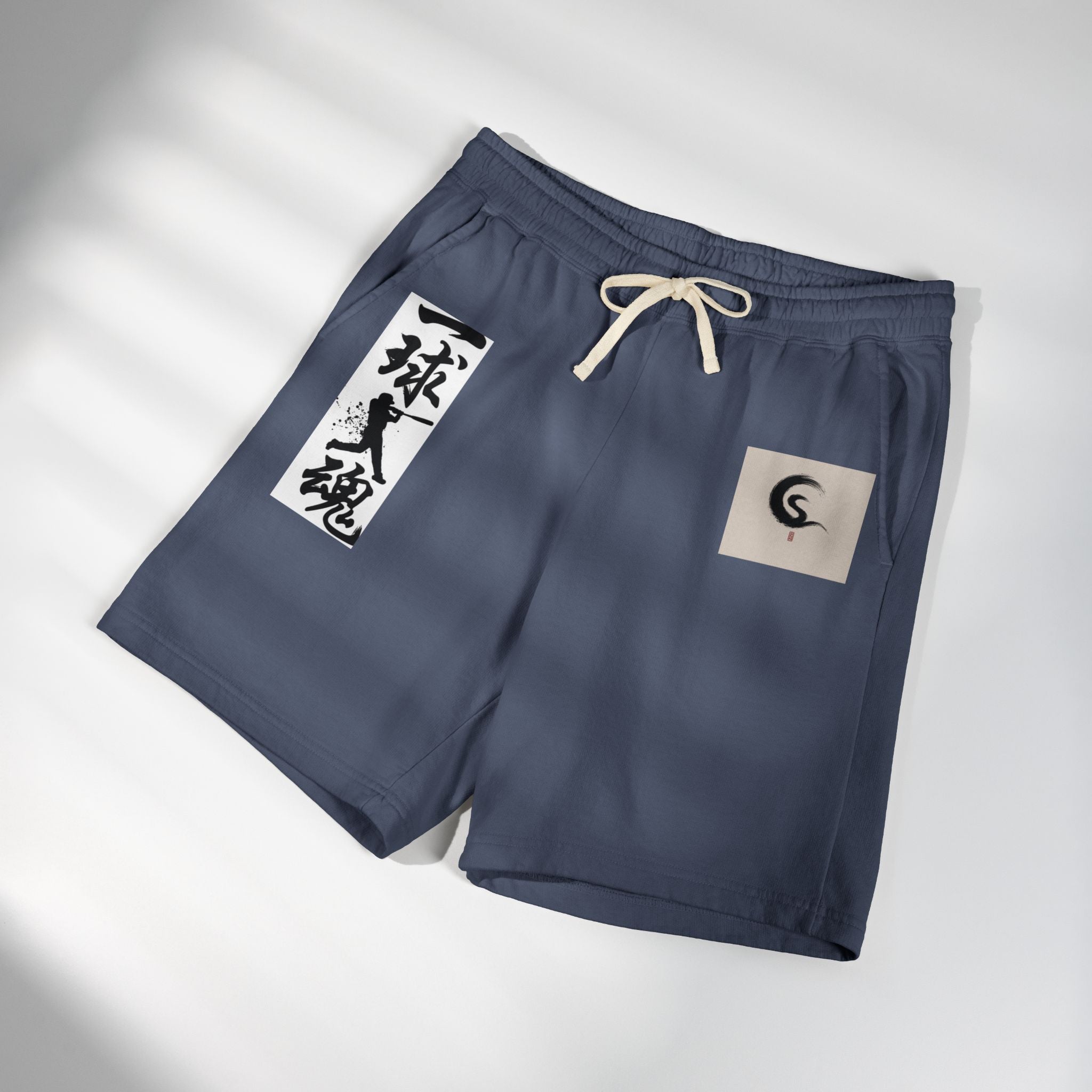 Japanese Calligraphy Fleece Sweat Shorts — '武魂' Graphic Drawstring Lounge Shorts